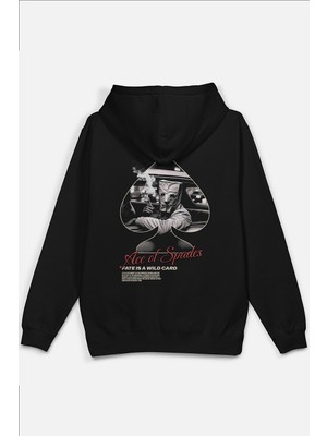 Overoz Ace Of Spades Maça Ası Sırt Baskılı Kapüşonlu Yarı Oversize Sweatshirt Siyah Hoodie 1225