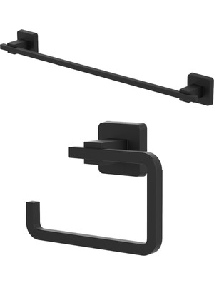 Feyza Design Modern Siyah Kare Mat Banyo Seti, Kapaksız Kağıtlık ve Uzun Havluluk