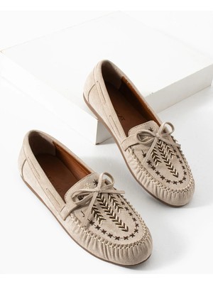 Kadın Bej Süet Nakış Işlemeli Babet Yumuşak Tabanlı Günlük  Ayakkabı Raven