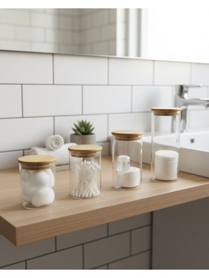 Feyza Design Şeffaf Bambu Kapaklı 4’lü Banyo Organizer Seti + Sticker Hediye