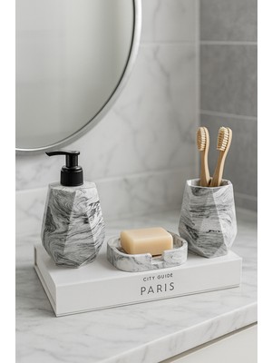Feyza Design Şık Siyah Mermer Desenli 3 Parça Banyo Seti, Sıvı ve Katı Sabunluk, Diş Fırçalık