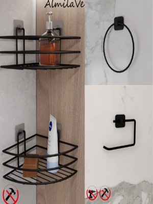 Feyza Design Siyah Yapışkanlı 2'li Banyo Köşeliği, Havluluk ve Tuvalet Kağıtlık Seti