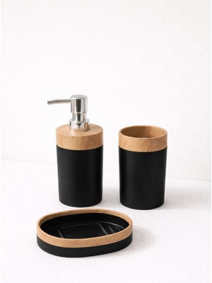 Feyza Design Ahşap Detaylı 3 Parça Plastik Banyo Seti Sabunluk Diş Fırçalık Sıvı Sabunluk
