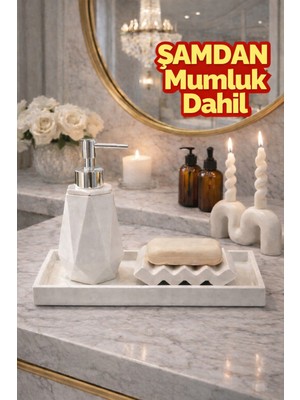 Feyza Design Mermer Desenli Beton 3'lü Banyo Seti ve Dekoratif Mumluk Takımı