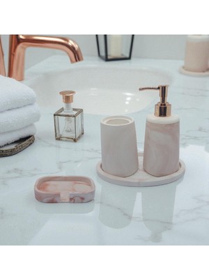 Feyza Design Beyaz ve Kahverengi Mermer Desenli 4'lü Banyo Seti, Şıklık ve Fonksiyonellik