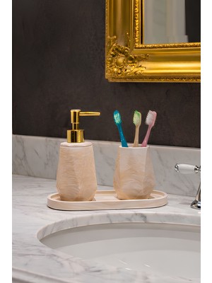 Feyza Design Mermer Dokulu 3 Parça Lüks Banyo Seti: Sabunluk, Fırçalık, Oval Tepsi