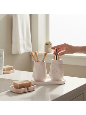 Feyza Design Beyaz ve Kahverengi Mermer Desenli 4'lü Banyo Seti, Şık ve Kullanışlı