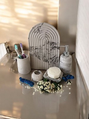 Feyza Design Modern Antrasit Banyo Seti: Havluluk, Sabunluk, Tepsi ve Mumluk