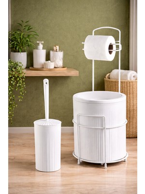 Feyza Design Şık Banyo Seti: Kapaklı Çöp Kovası, Tuvalet Kağıtlığı ve Wc Fırçası