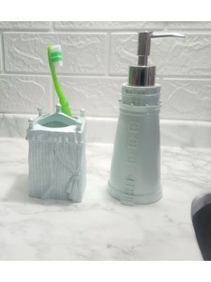 Feyza Design Şık Banyo Seti, Sıvı Sabunluk ve Diş Fırçalık, Deniz Feneri Tasarımı