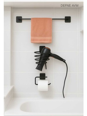 Feyza Design 3'lü Siyah Yapışkanlı Uzun Havluluk, Fönlük ve Tuvalet Kağıtlık Seti