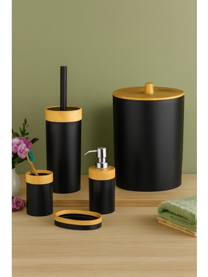 Feyza Design Bambu Desenli 5'li Banyo Seti: Çöp Kovası, Sıvı Sabunluk, Diş Fırçalık