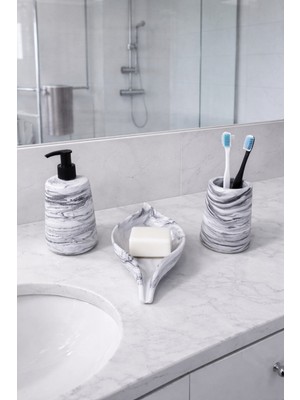 Feyza Design Şık 3 Parça Oval Mermer Desen Banyo Seti, Diş Fırçalık ve Sabunluk