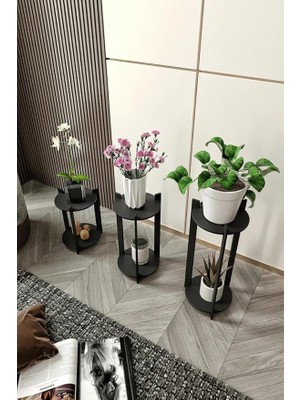 Çiçeklik Saksılık – Yuvarlak Tasarımlı, Safir Siyah Renkli, Farklı Yüksekliklerde Ahşap Bitki Standı, Salon Balkon ve Ofis Kullanımı Için Dekoratif Saksı Sehpası Seti