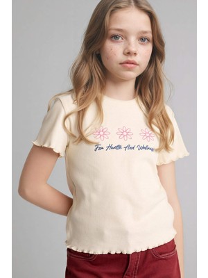 DeFacto Slim Fit Desenli Fitilli Kaşkorse Tişört Kız Çocuk B6689A826SM