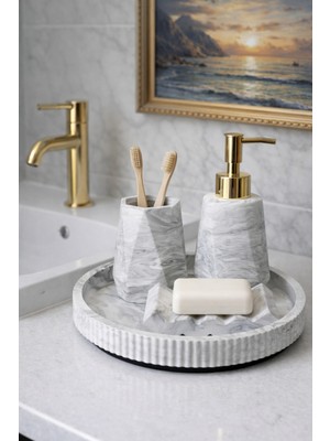 Feyza Design Mermer Desenli 4’lü Beton Banyo ve Wc Aksesuar Seti