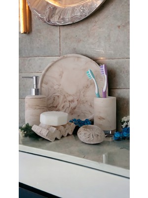 Feyza Design Şık Bej Mermer Serisi Banyo Aksesuar Takımı ve Sıvı Sabunluk