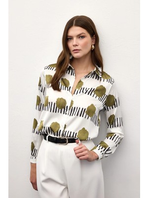 Sateen Desenli Klasik Gömlek - Haki