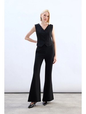 Sateen Ispanyol Paça Pantolon - Siyah