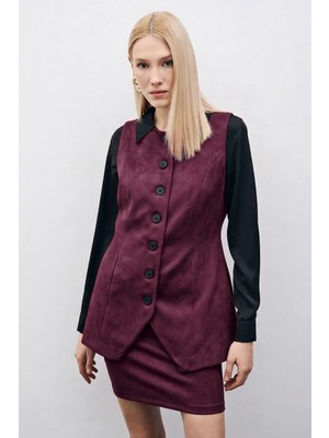 Sateen Düğmeli Uzun Süet Yelek - Mürdüm