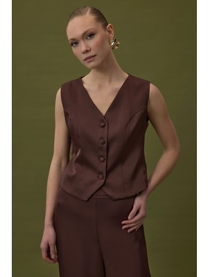Sateen Klasik Düz Yelek - Kahve