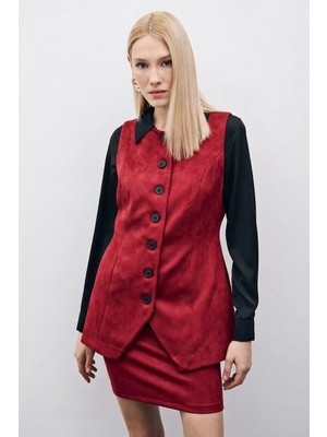 Sateen Düğmeli Uzun Süet Yelek - Bordo