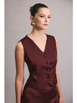 Sateen Klasik Düz Yelek - Bordo