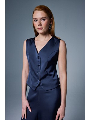 Sateen Klasik Düz Yelek - Lacivert