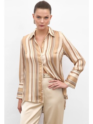 Sateen Renkli Çizgili Gömlek - Camel