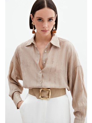 Sateen Desenli Ince Salaş Gömlek - Bej