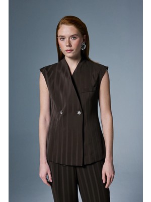Sateen Anna Çizgili Yelek - Kahve