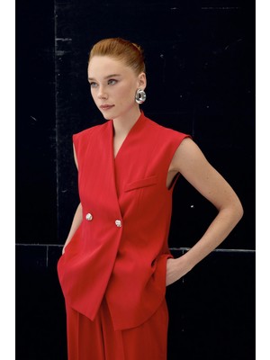 Sateen Anna Çizgili Yelek - Kırmızı