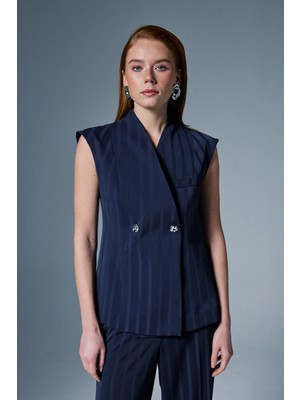 Sateen Anna Çizgili Yelek - Lacivert
