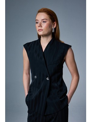 Sateen Anna Çizgili Yelek - Siyah