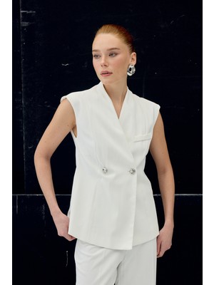 Sateen Anna Çizgili Yelek - Ekru