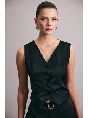 Sateen Klasik Düz Yelek - Siyah
