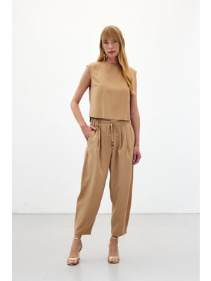 Sateen Şalvar Kesim Pantolon - Bej