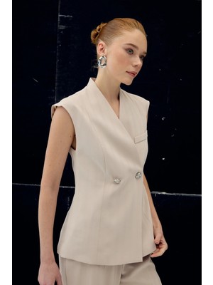 Sateen Anna Çizgili Yelek - Bej