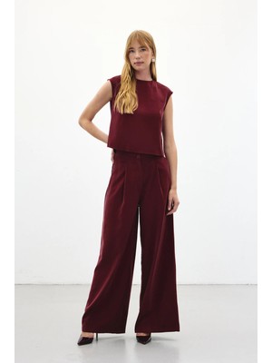 Sateen Geniş Paça Pantolon - Bordo