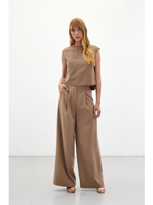 Sateen Geniş Paça Pantolon - Vizon