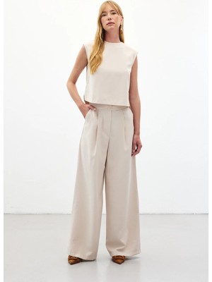 Sateen Geniş Paça Pantolon - Taş