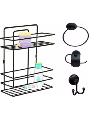 Feyza Design Şık Siyah Banyo Aksesuar Seti, 4'lü Düz Raf ve Şampuanlık Tş-02