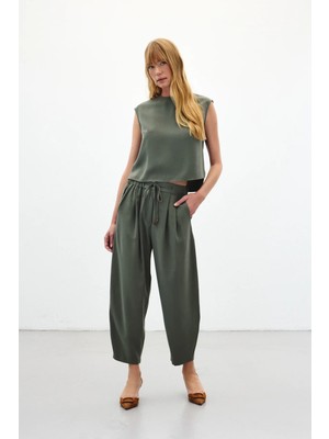Sateen Şalvar Kesim Pantolon - Haki