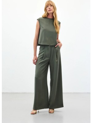 Sateen Geniş Paça Pantolon - Haki