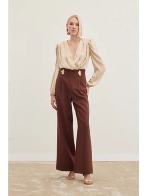 Sateen Bel Aksesuarlı Pantolon - Kahve