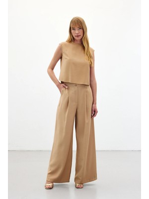Sateen Geniş Paça Pantolon - Camel