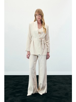 Sateen Yılan Desenli Pantolon - Bej