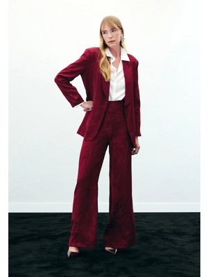 Sateen Yüksek Bel Desenli Pantolon - Bordo