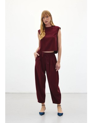 Sateen Şalvar Kesim Pantolon - Bordo