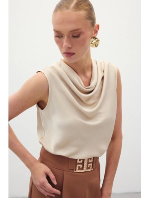 Sateen Degaje Yaka Saten Bluz - Bej